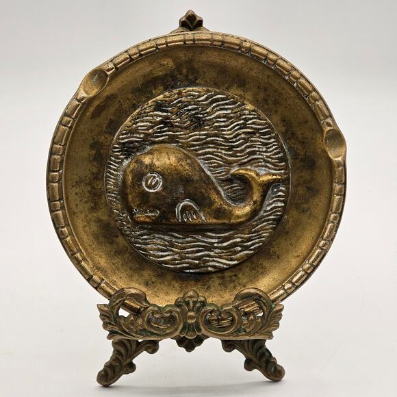 Whale Swimming in Water Brass Ashtray Trinket Dish - Vintage Nautical Decor - Picture 6 of 7